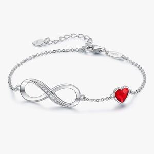 Silver Infinity Bracelet with Red Heart Charm